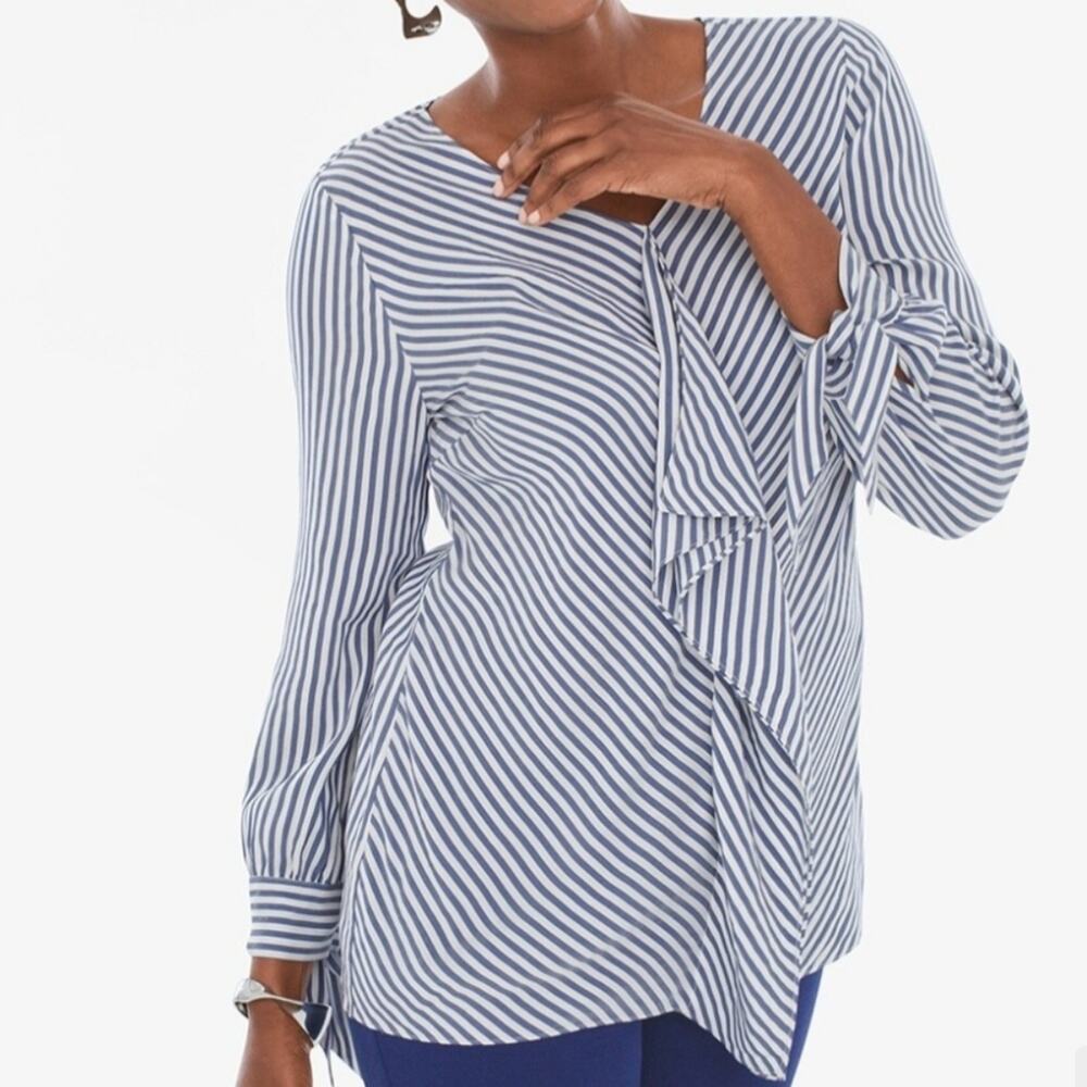 Chico's Top Womens‎ XLP Striped Ruffle Front Tie Sleeve Blouse Career Corpcore